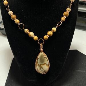 Picture Jasper 20" Necklace & Earrings 2" Teardrop Cabochon Gray Brown Copper
